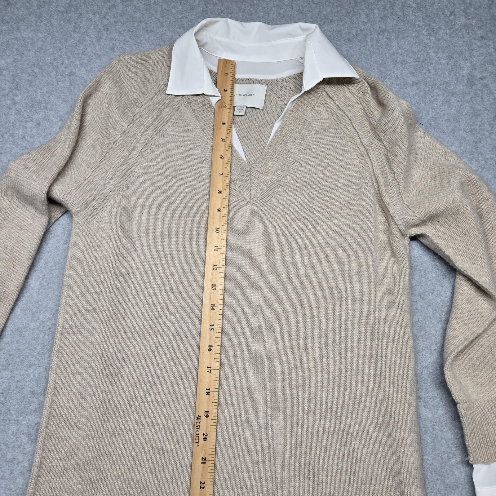 Brochu Walker Sweater Dress Womens Small Wool Cashmere Beige Layered V Neck — image 8 of 8